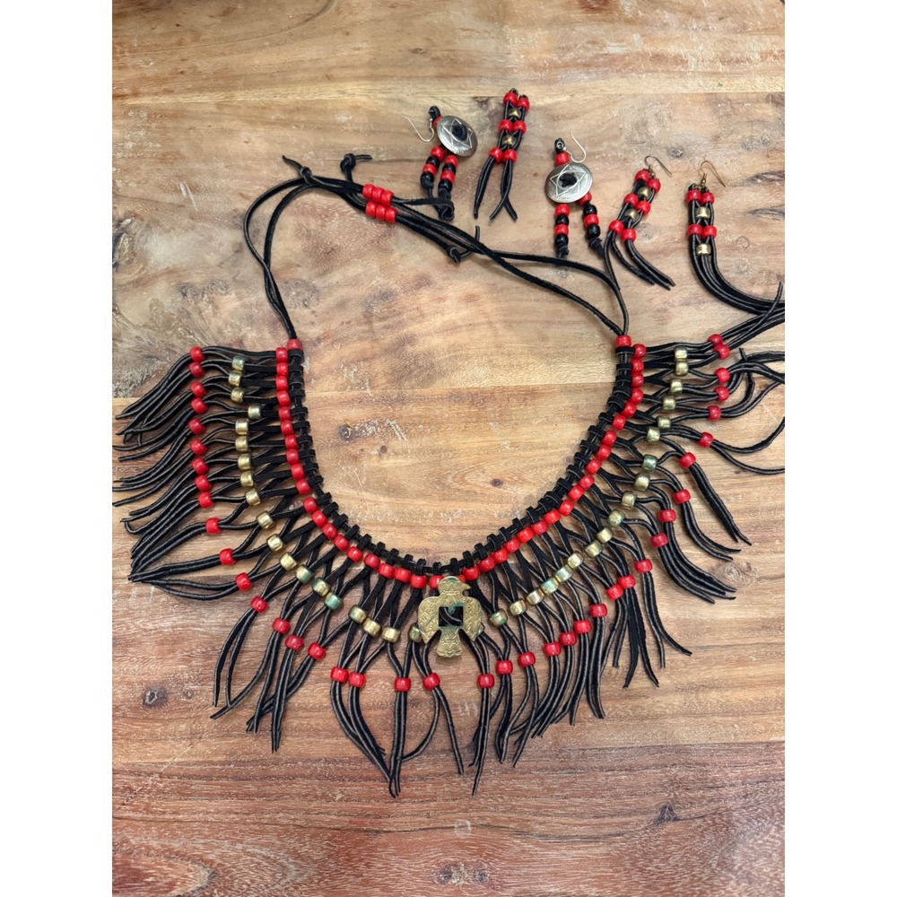 Handcrafted Southwestern Thunderbird Necklace & Earring Set‎ Leather Beads